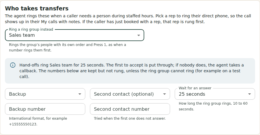 Who takes transfers on Lakeview's Human backup: Ring a ring group instead set to Sales team, with a note that hand-offs ring Sales team for 25 seconds, the first to accept is put through, and the backup numbers are kept but not rung. Below, the Backup and Second contact fields and Wait for an answer, 25 seconds.