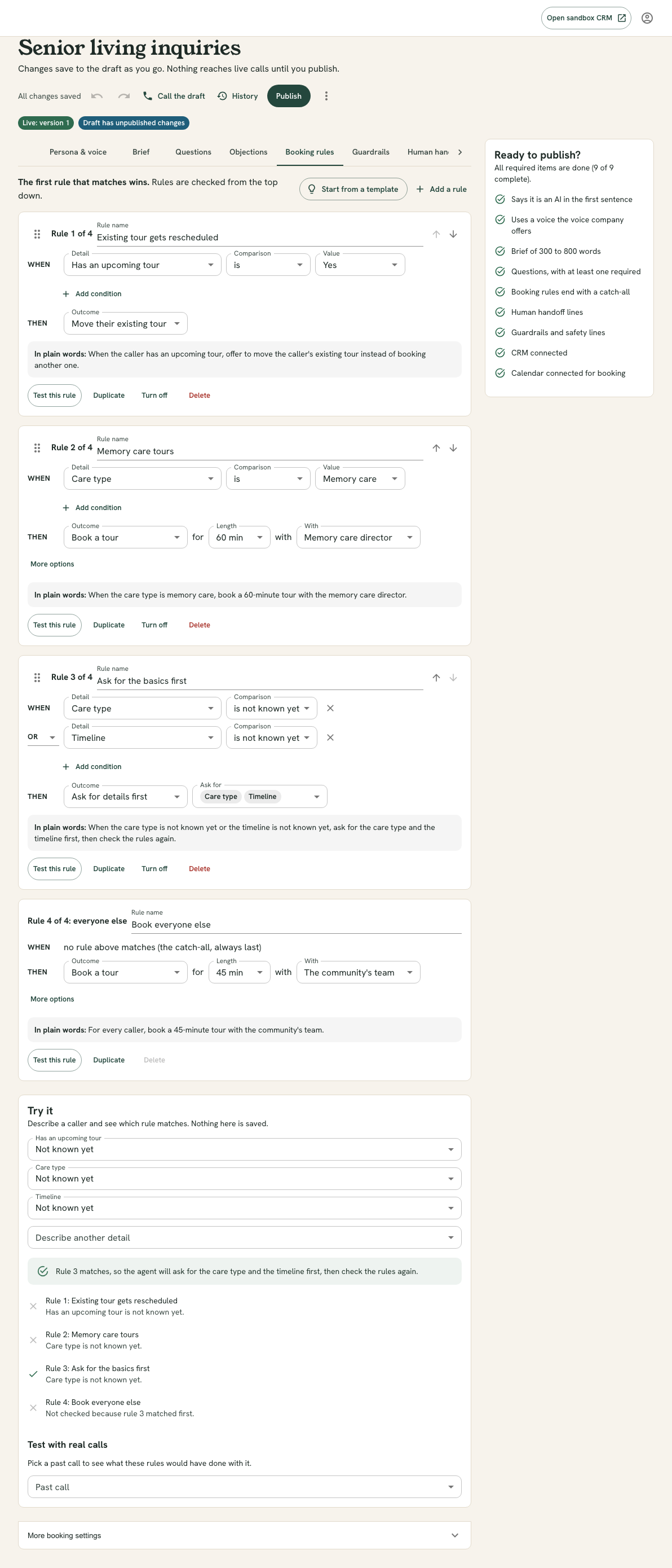 The booking rules builder with four numbered rules written as WHEN and THEN sentences, a pinned catch-all at the bottom, and a Try it panel showing which rule matches.