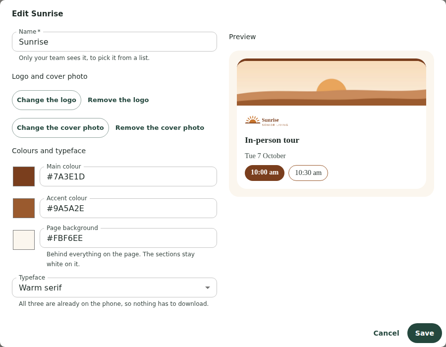 The brand editor: name, logo, cover photo, main and accent colours, page background, typeface and where the logo sits in emails, with a booking page and an email in the brand.