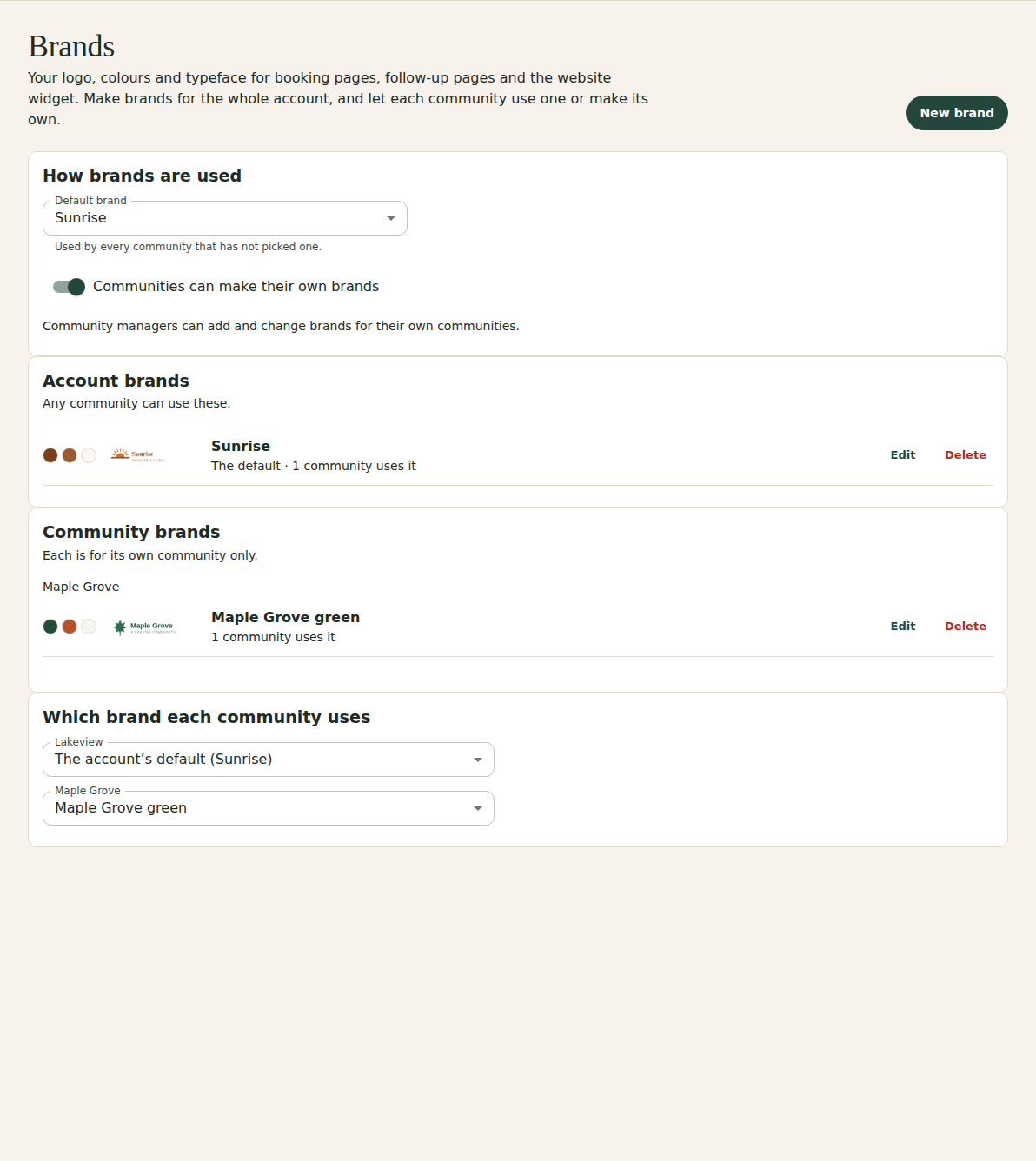 Settings, Brands: the default brand, the switch for communities, the account brands, Maple Grove's own brand, and which brand each community uses.