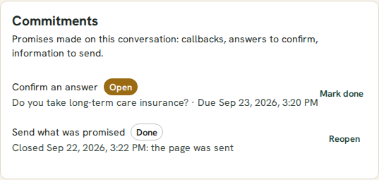 The Commitments panel on a call: an answer to confirm about long-term care insurance, open with its due time, and the follow-up page commitment, done when the page was sent.