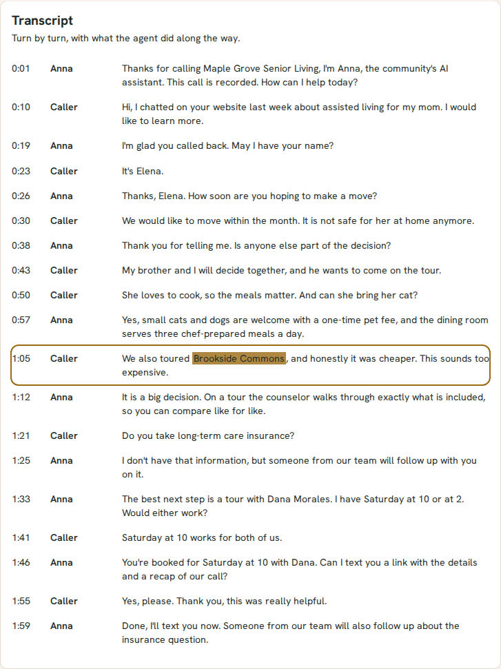 A call transcript with the words Brookside Commons highlighted in the caller's turn, after clicking the competitor label they came from.