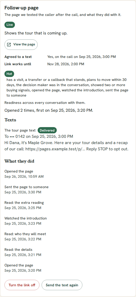 The Follow-up panel on a call record: the page's state and expiry, a readiness chip with its reasons, the texts sent with their delivery status, and a list of what the caller did on the page.