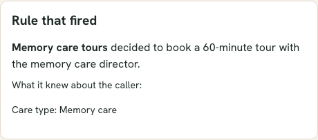 The Rule that fired panel on a call record, naming the booking rule and describing what it did.