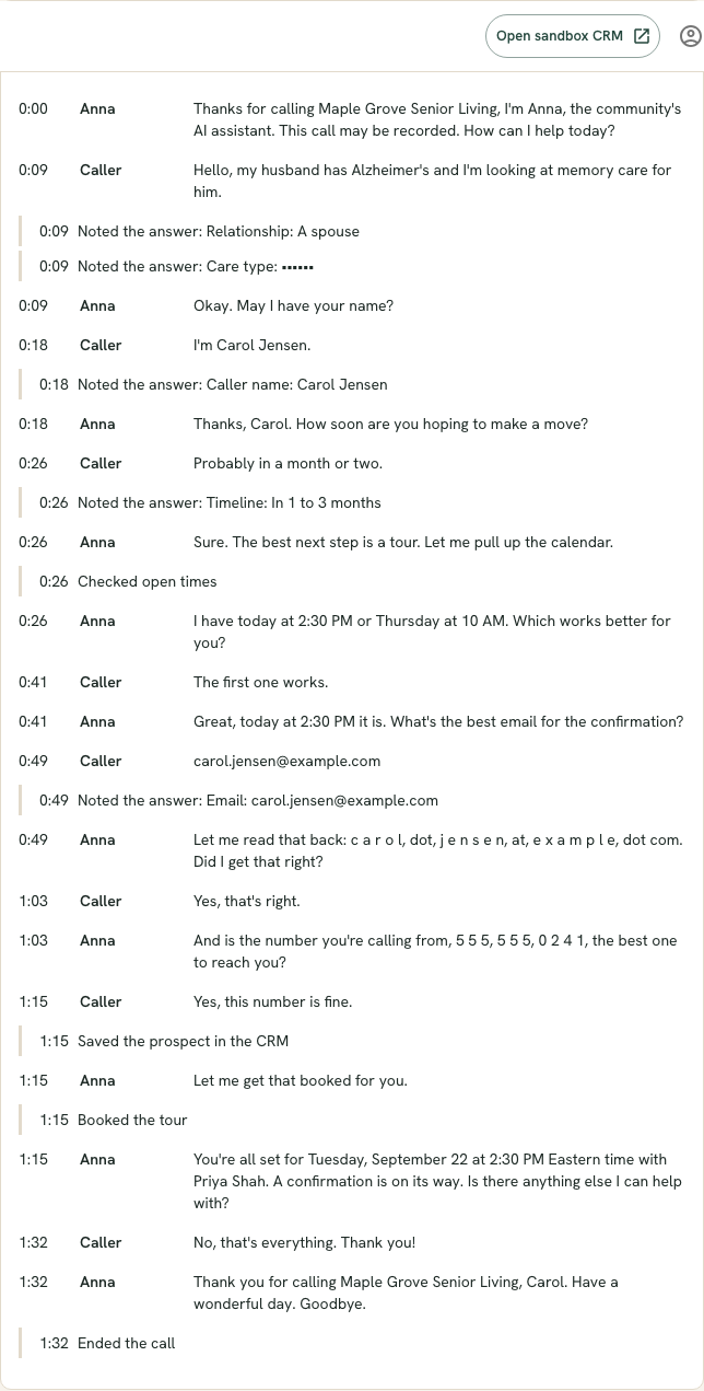 The transcript of one call, turn by turn, with the assistant's actions such as checking open times shown in line.