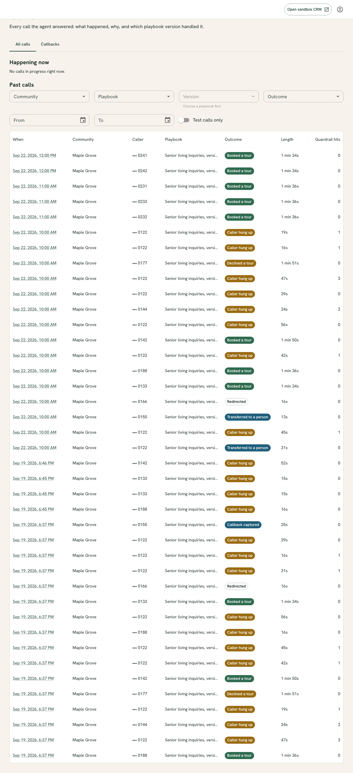 The Calls list with filter dropdowns and a table showing when each call came in, the community, the caller, the playbook and version, the outcome, the length and the number of guardrail hits.