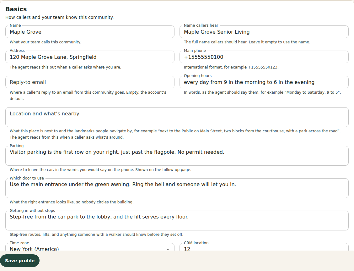 The Basics section of a community's Details with fields for Name, Name callers hear, Main phone, Reply-to email, Time zone and CRM location.