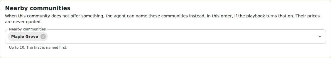 The Nearby communities section of a community profile, with a list of other communities in the order the assistant names them.