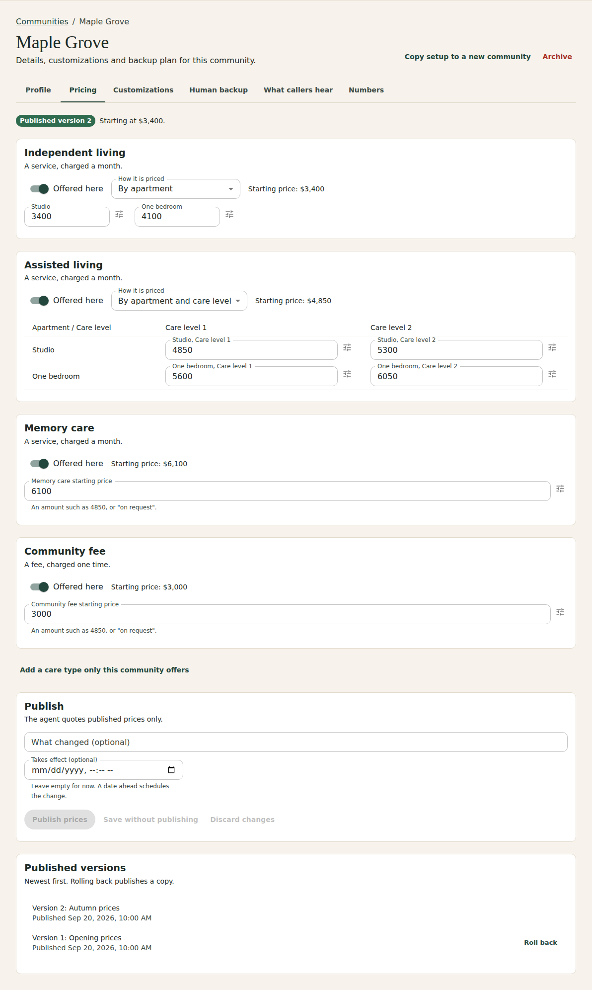 A community's Pricing tab with a Published version 2 chip and its starting price at the top, a card for each care type with an Offered here switch and its prices, a Publish card and a list of published versions.