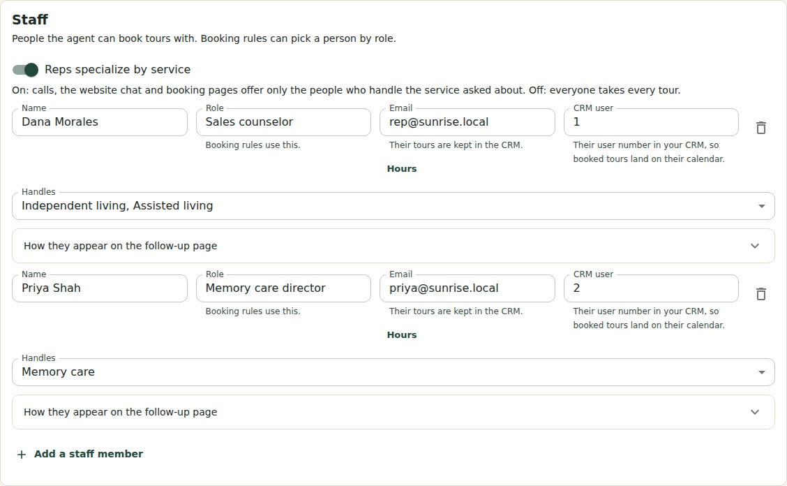 The Staff section with Reps specialize by service on: Dana handles independent and assisted living, Priya memory care.