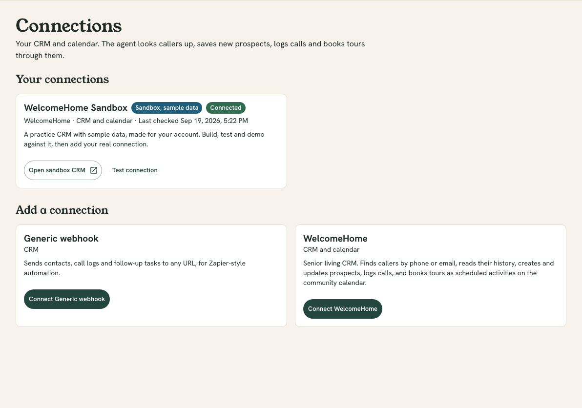 The Connections page showing a WelcomeHome Sandbox card marked Connected, with Open sandbox CRM and Test connection buttons, above a catalog of connectors to add.