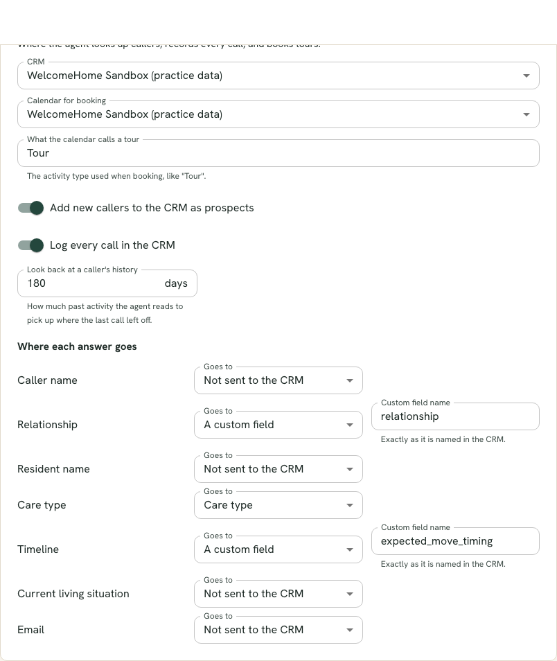 The CRM and calendar step with dropdowns for the CRM connection, the calendar connection and what the calendar calls a tour, plus toggles for adding new callers and logging every call.