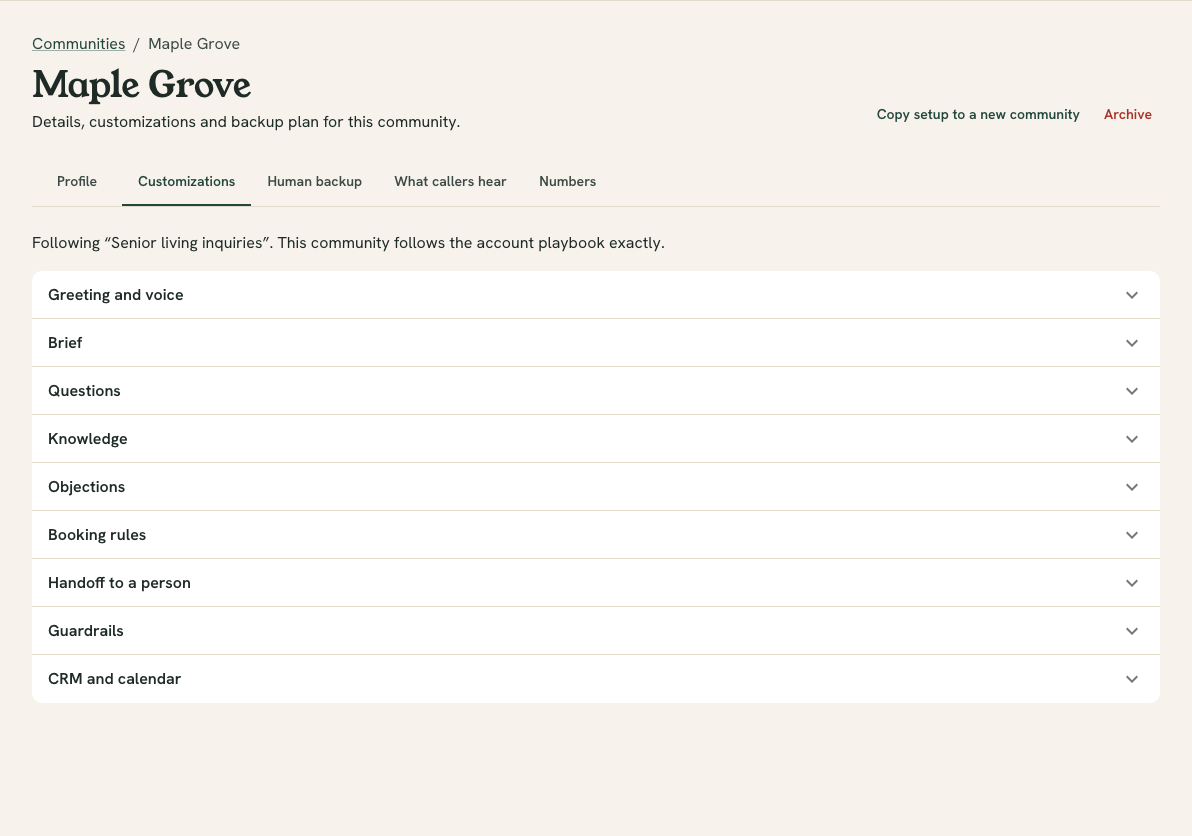 The Customizations tab, listing the account playbook's items with Keep, Change and Turn off buttons next to each inherited item.