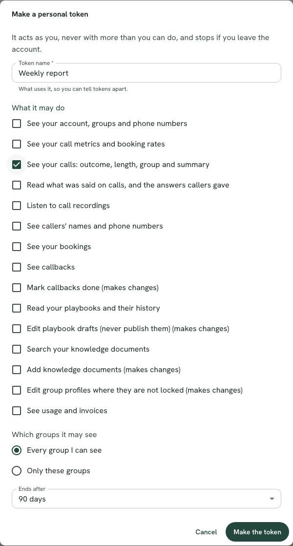 The Make a personal token dialog with a Token name field, checkboxes for what it may do in plain words, a choice of every group or only some, and an Ends after dropdown.