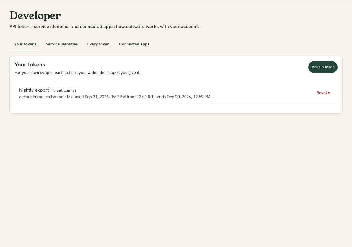The Developer area on the Your tokens tab, listing personal tokens by name with the start and last four characters of each, its scopes, when it was last used and from where, when it ends, and a Revoke button, with a Make a token button above.