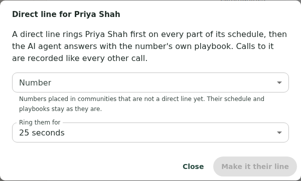 The Direct line for Priya Shah dialog on Team: a Number list of numbers placed in a community, Ring them for 25 seconds, and Make it their line.