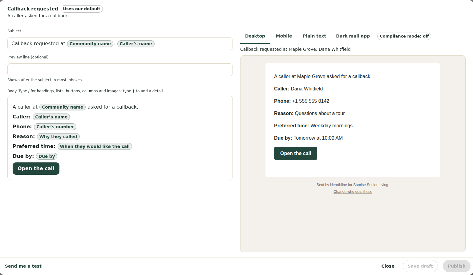 Editing a staff alert: the subject and body on the left with grey detail pills such as Community name, and the rendered email on the right with Desktop, Mobile, Plain text and Dark mail app tabs.