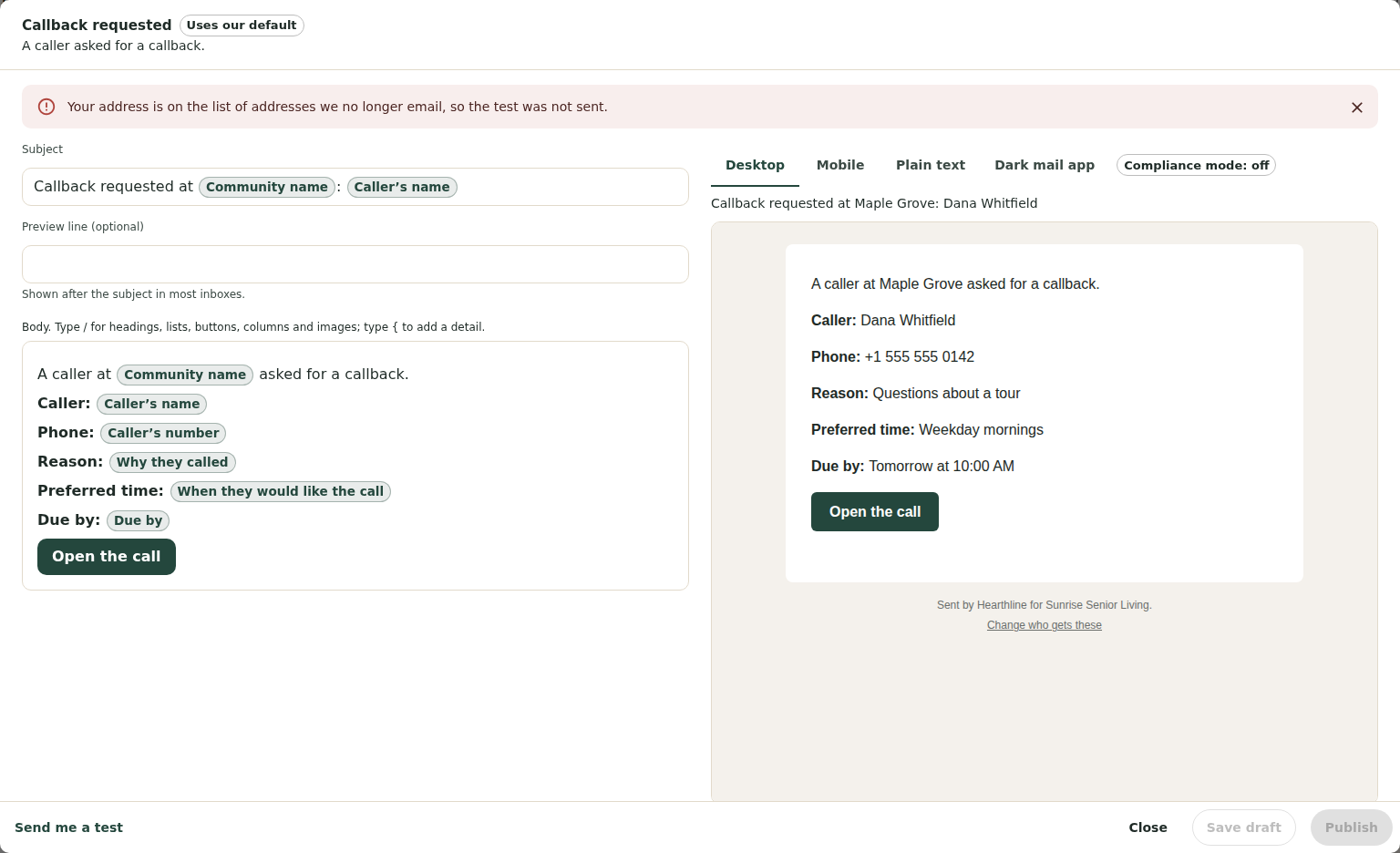 The Send a test dialog over the staff alert editor, with a red note: that address is on the list of addresses we no longer email, so the test was not sent.