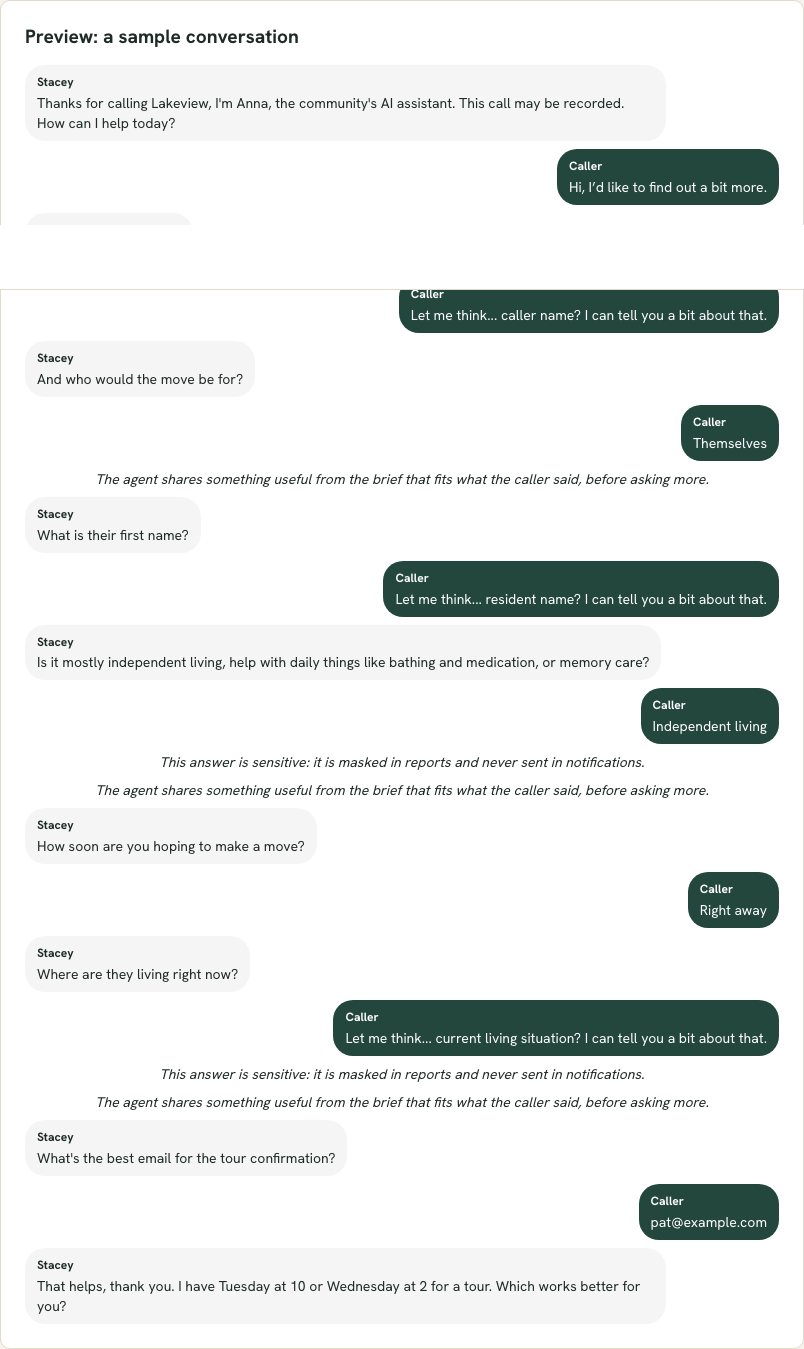 A sample conversation preview built from the playbook's greeting and questions, alternating agent and caller lines.