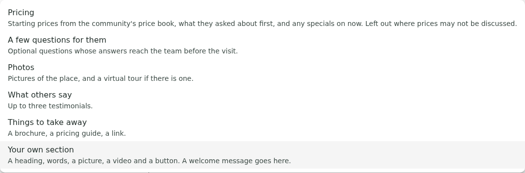 The Add something menu in the page editor, listing sections not yet on the page, including Pricing: starting prices from the community's price book, what they asked about first, and any specials on now.