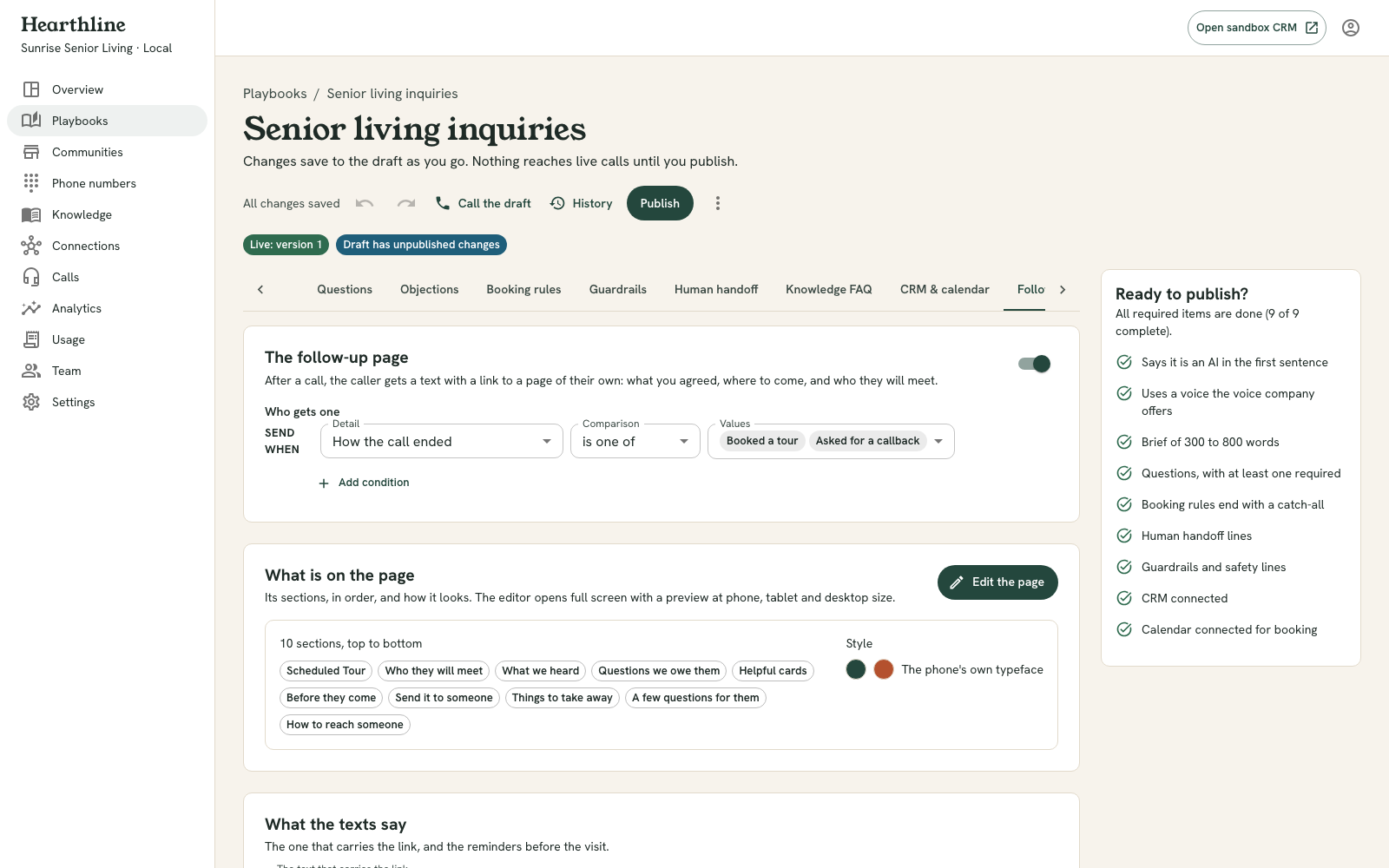 The Follow-up page tab: the switch and Who gets one at the top, a summary of the page's sections and colours with an Edit the page button, and the wording of the texts below.