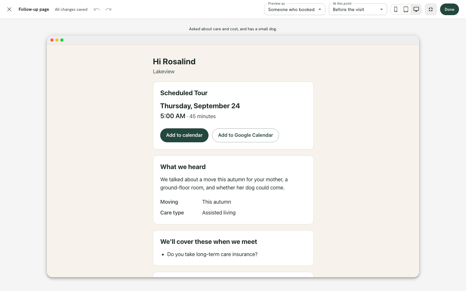 The page editor in Preview only mode at desktop size, showing a caller's page in a browser frame.