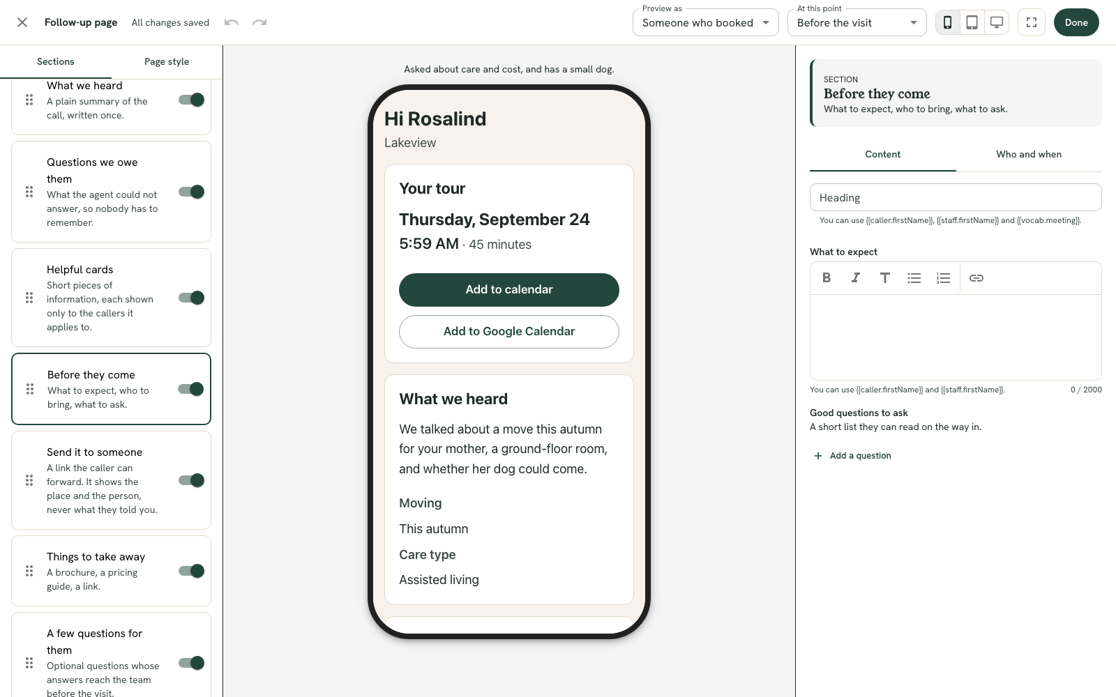 The full-screen page editor: the list of sections on the left, a phone preview of a caller's page in the middle, and the selected section's Content tab with a formatting toolbar on the right.