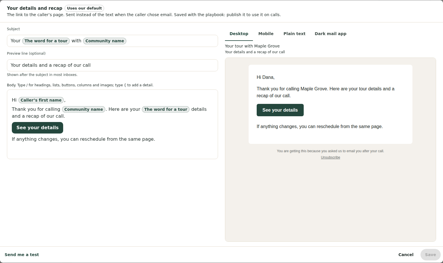 Editing a caller email: the body with a button carrying the page link, and the preview with the community's name, address and an Unsubscribe link in the footer.