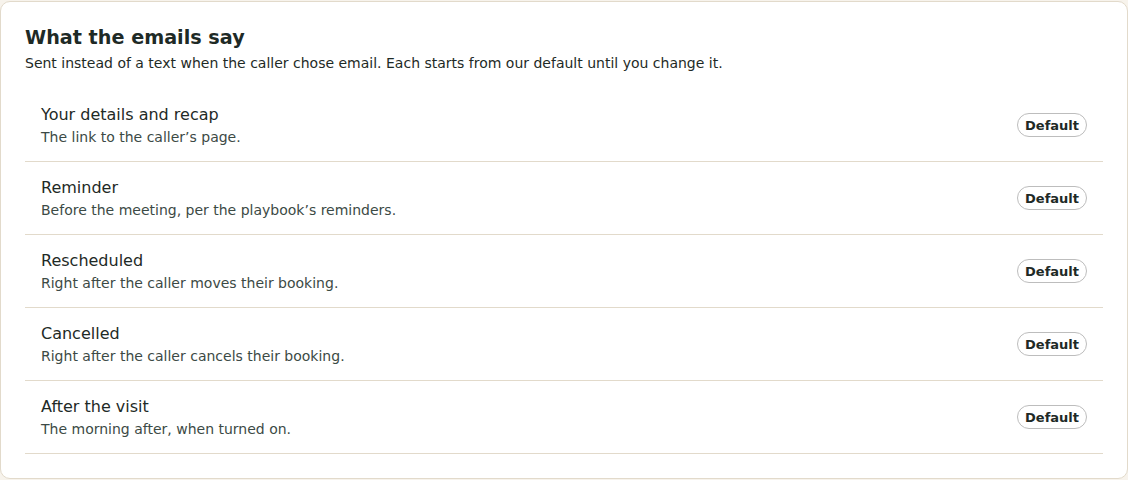 The What the emails say section of the Follow-up page step, listing The link to the page and After the visit, each marked Default.