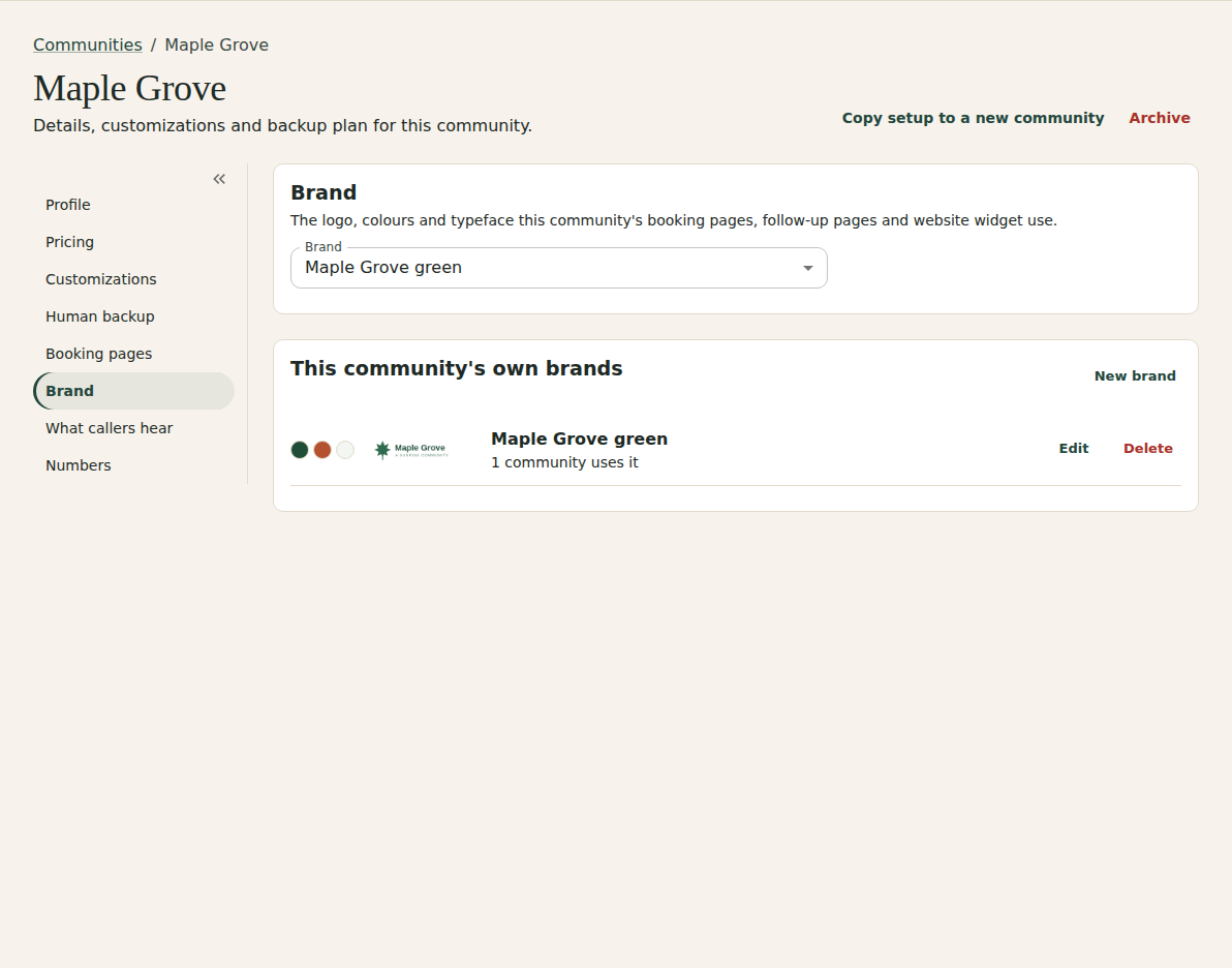 Maple Grove's Brand tab: the brand its pages use, and the brands it has made for itself.