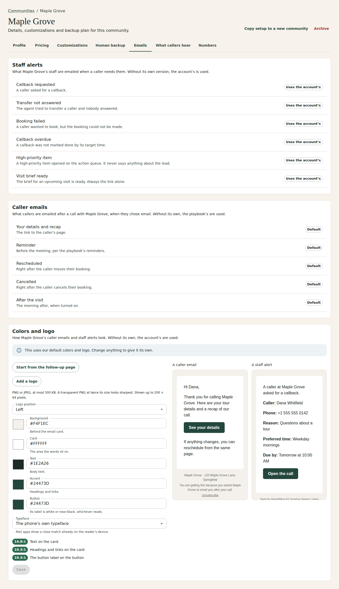 A community's Emails tab: a note that its emails wear its brand, then Staff alerts, Meeting emails and Caller emails, each marked as using the account's version.