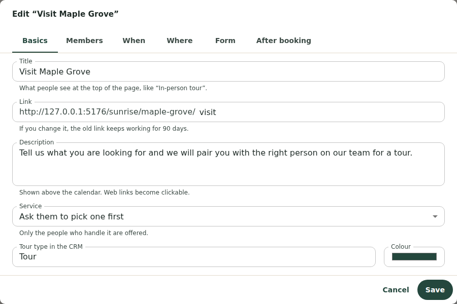 The page editor's Basics tab for a community page, with the Service choice set to Ask them to pick one first.