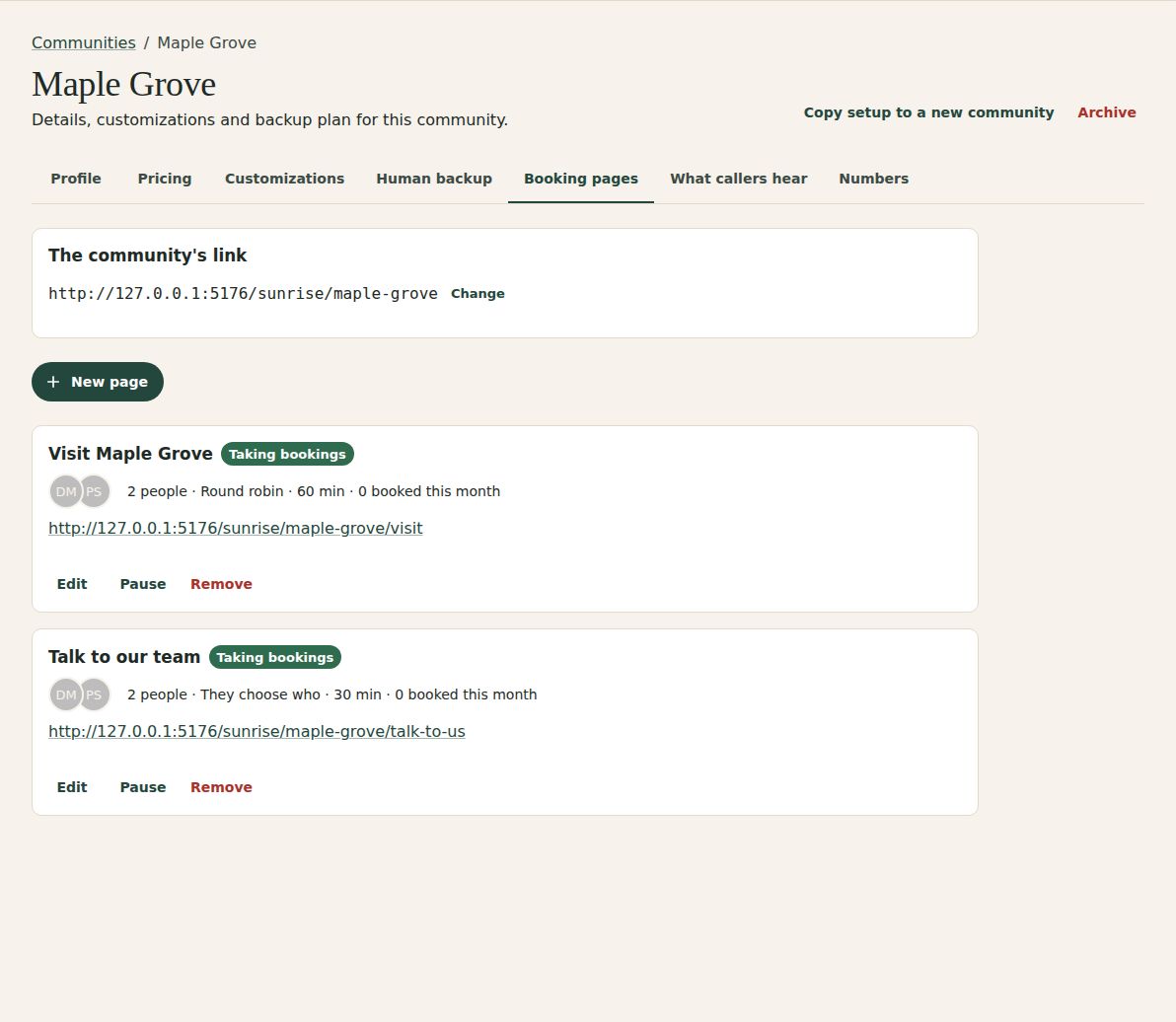 Maple Grove's Booking pages tab: the community's link with Change, New page, and cards for Visit Maple Grove and Talk to our team with their people, how they assign, length, tours this month and link.