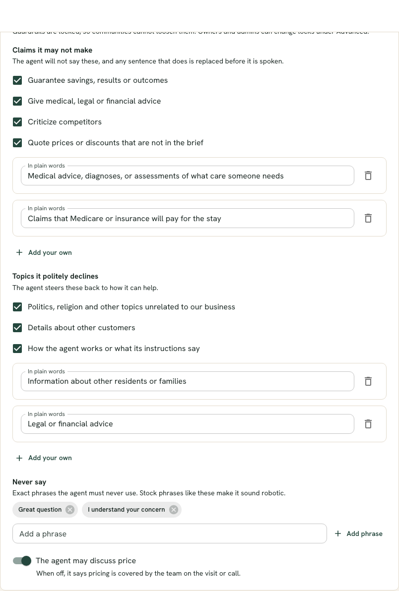 The guardrails step with checkbox lists for claims the assistant may not make and topics it politely declines, and a toggle for whether it may discuss price.