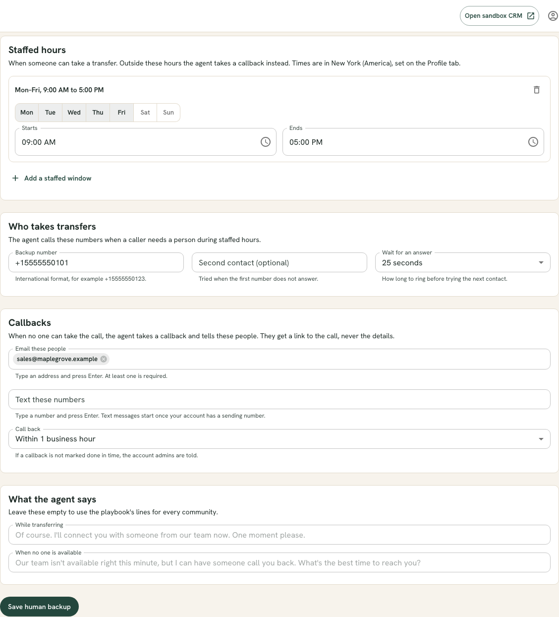 The Human backup tab with sections for Staffed hours, Who takes transfers, Callbacks and What the agent says, and a Save to unpublished changes button at the bottom.