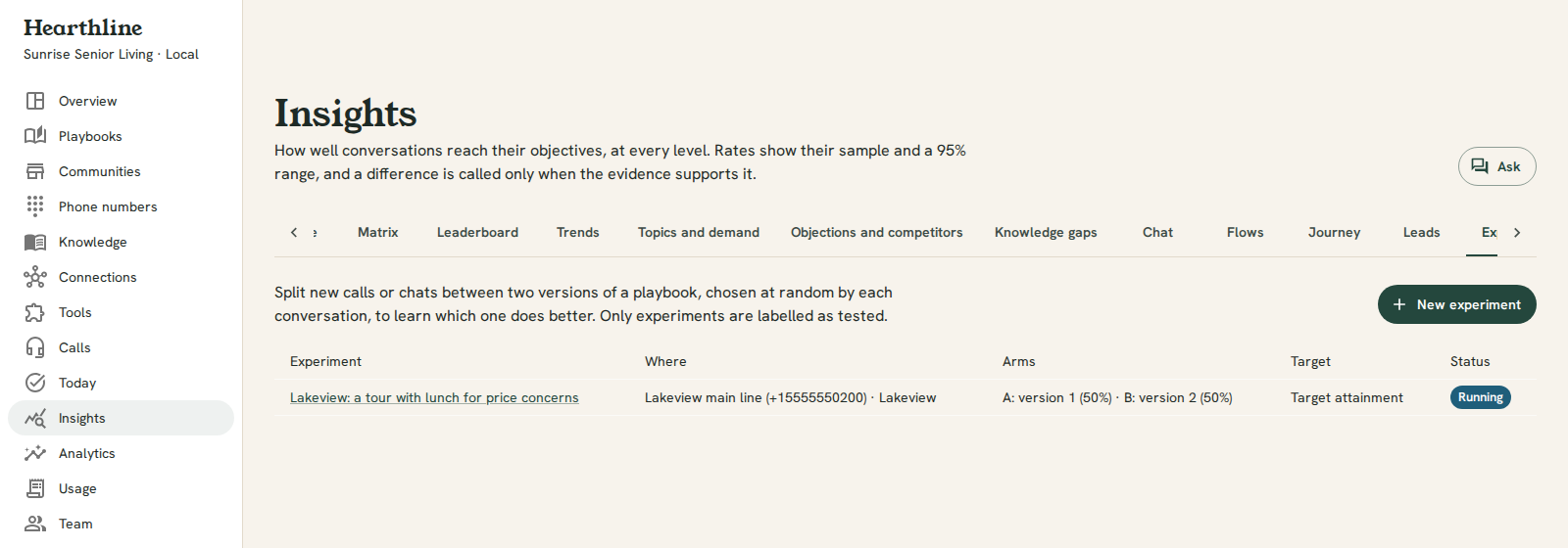 Insights → Experiments: the Lakeview experiment, running on the Lakeview main line with version 1 and version 2 at 50% each, judged on target attainment.