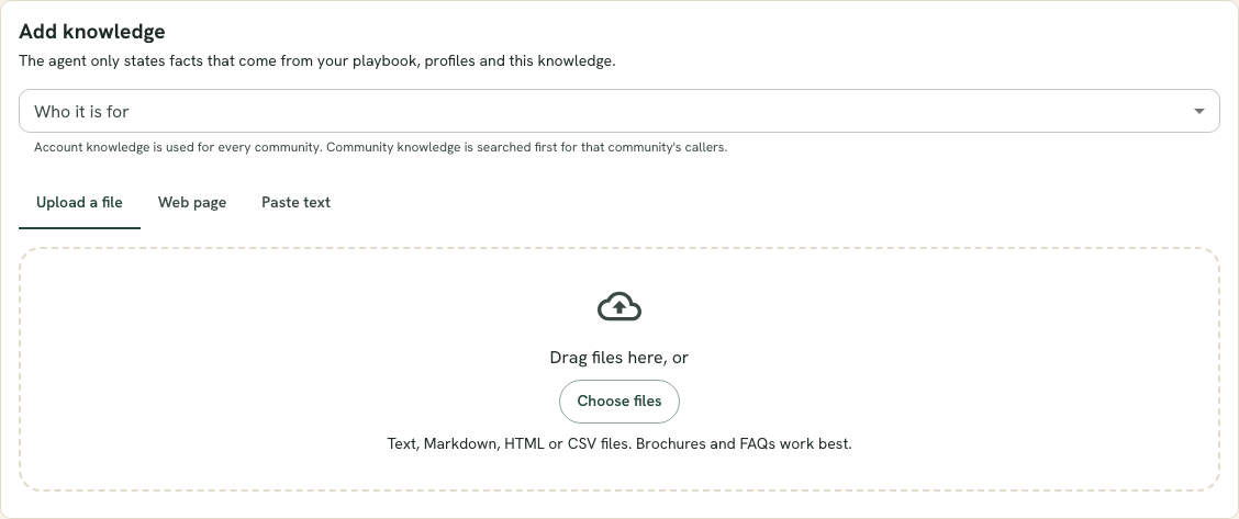 The Add knowledge panel with three tabs, Upload a file, Web page and Paste text, and a dropdown for who the knowledge is for.