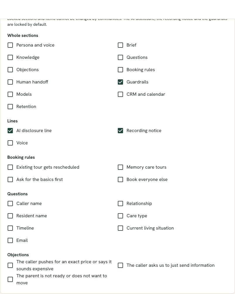 The Locks section listing the playbook's sections with switches showing which ones communities cannot change.
