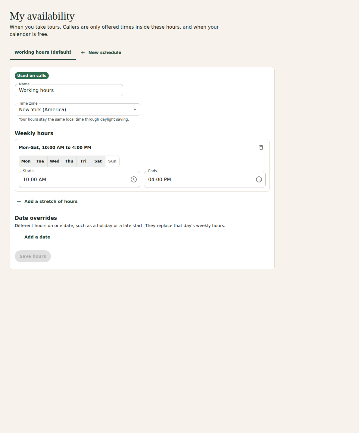 Availability showing the Working hours schedule used on calls, a time zone, weekly hours for each day, date overrides and a Save hours button.