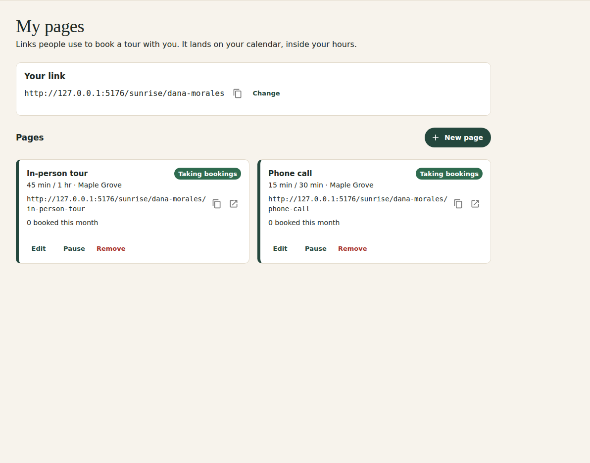 My booking pages: your link with a copy button, and a card per page with its lengths, community, status, link and tours booked this month, with Edit, Pause and Remove.