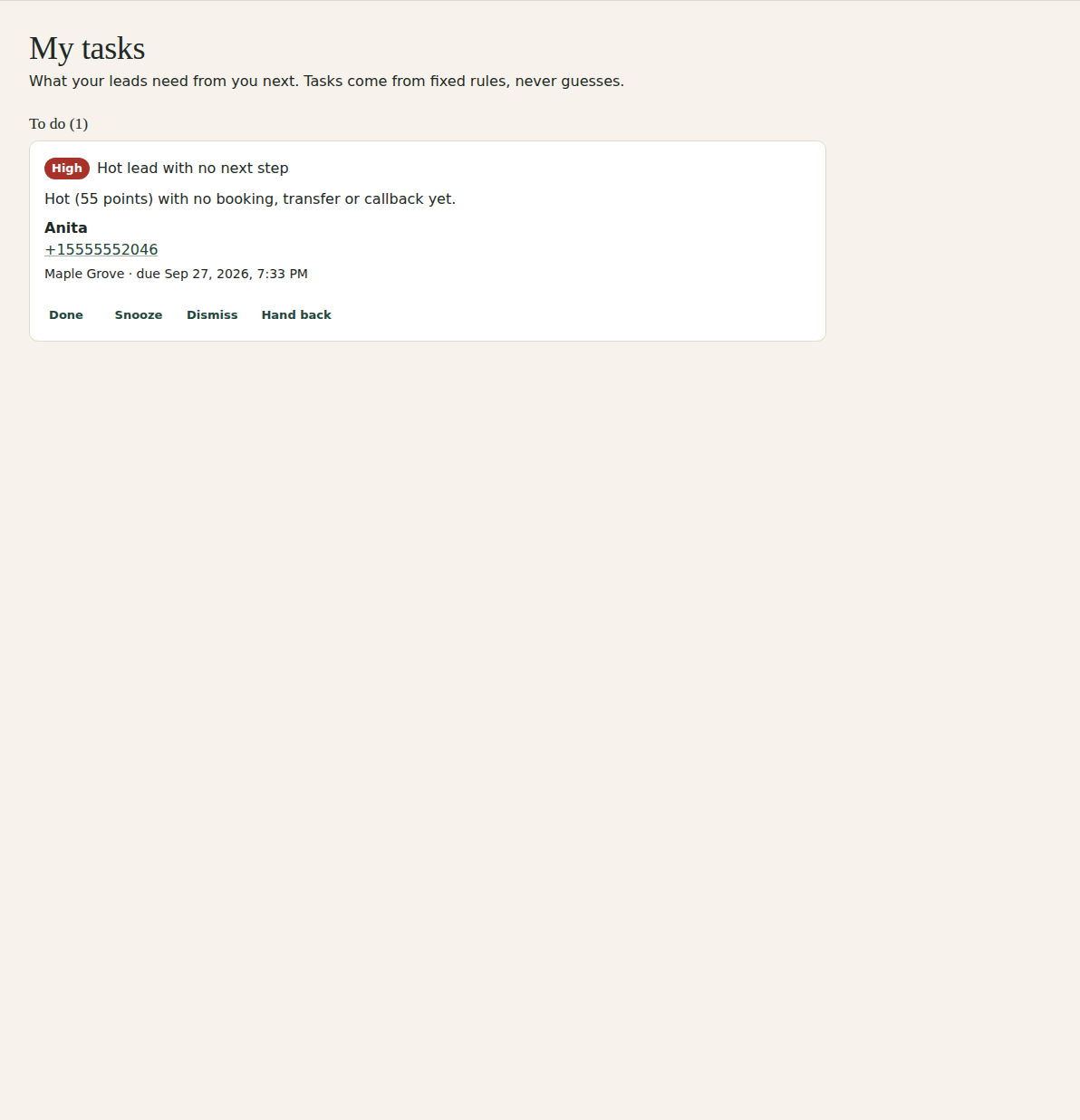 My tasks: a To do list of tasks, each with its priority, the rule, why it fired, the lead's name, phone and email, the community and due time, a link to the tour, and Done, Snooze, Dismiss and Hand back.