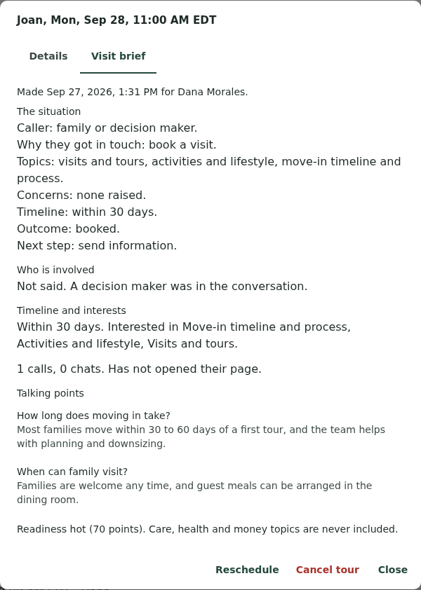 An open tour on its Visit brief tab: the situation, who is involved, timeline and interests, concerns and how the agent answered, engagement, and talking points quoted from the playbook.