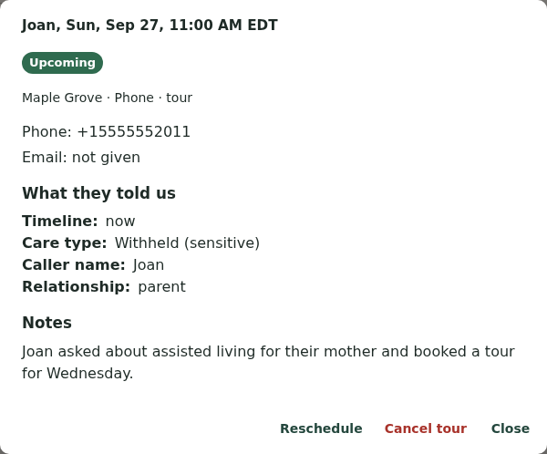 An open tour showing the person's phone and email, what they told the assistant with a sensitive answer withheld, and Reschedule and Cancel tour buttons.