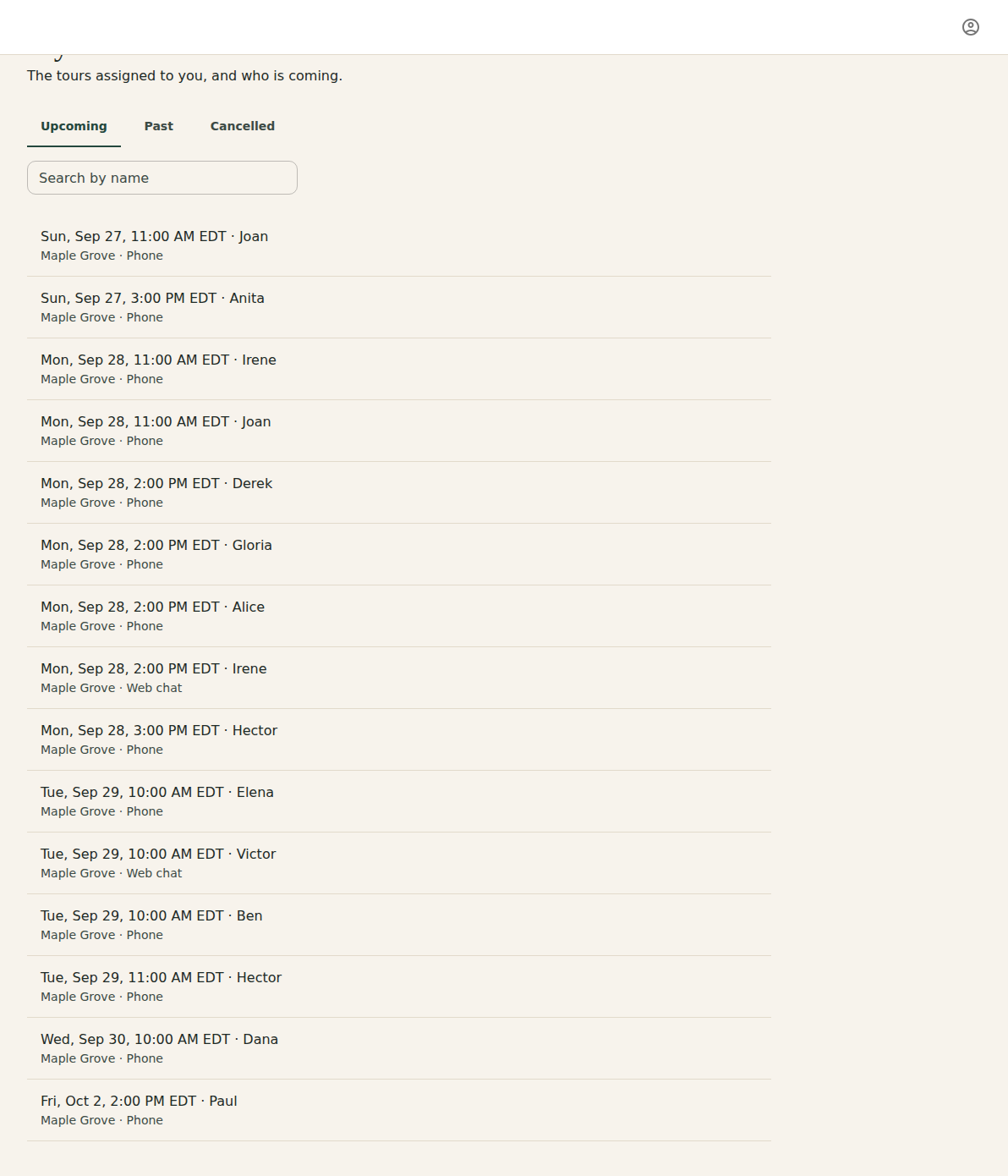 My tours with Upcoming, Past and Cancelled tabs, a search box, and a list of upcoming tours showing the date, time, person's name, community and how it was booked.