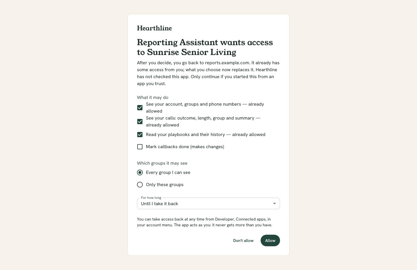 The consent screen: an app's name asking for access to the account, the address it returns to, a list of permissions with checkboxes where reads are ticked and the one that makes changes is not, a choice of every group or only some, a For how long dropdown, and Don't allow and Allow buttons.