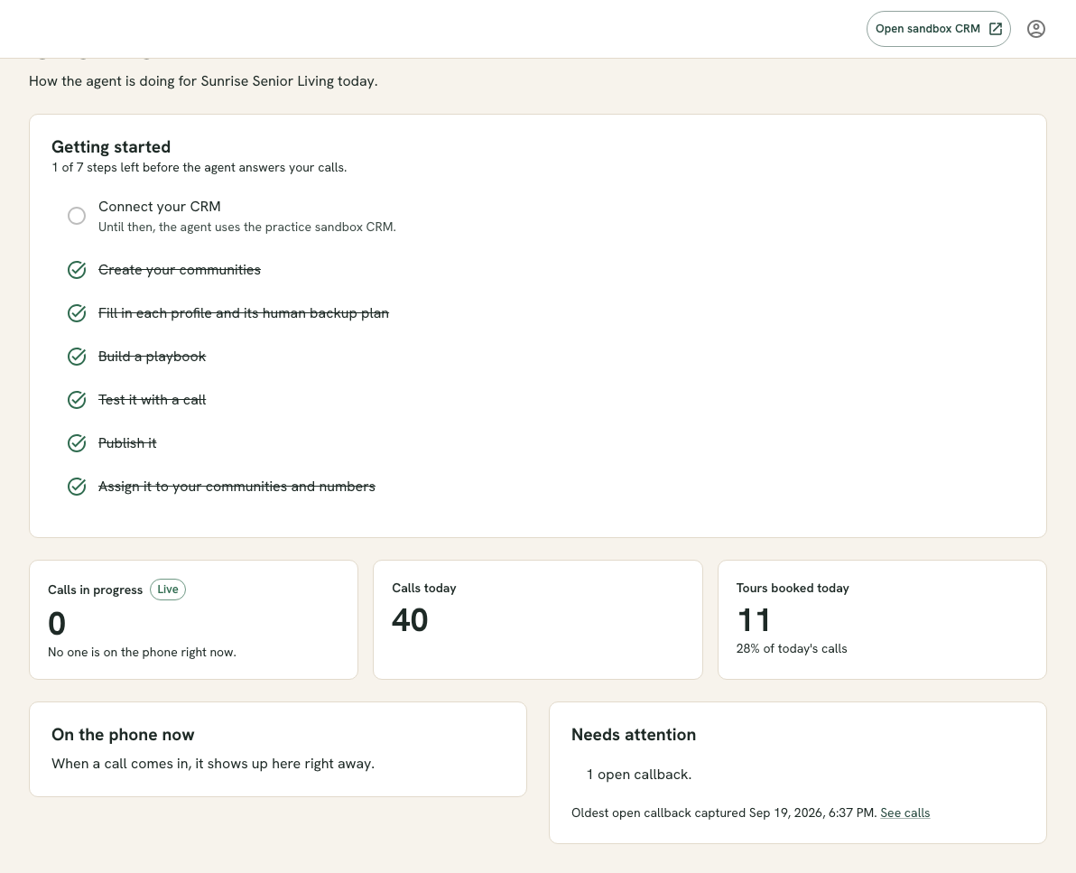 The Overview page with a Getting started checklist, tiles for calls in progress, calls today and tours booked today, and panels titled On the phone now and Needs attention.