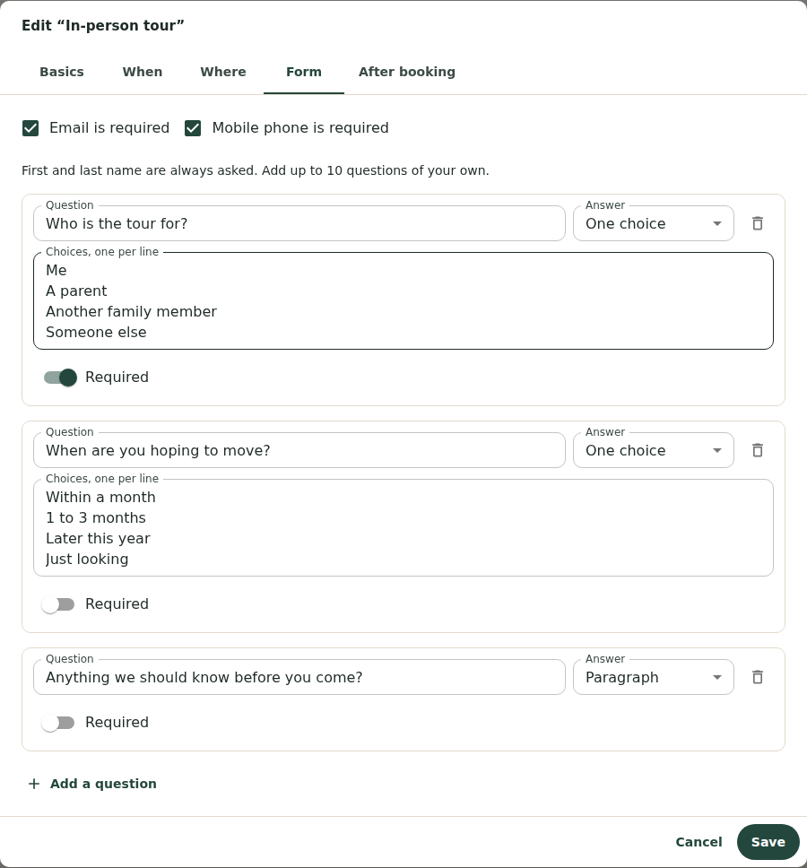 The page editor's Form tab: email and mobile required, and three questions, two with a list of choices and one paragraph answer.