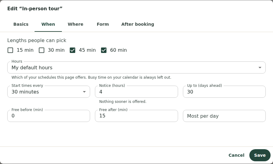 The page editor's When tab: lengths to offer, which hours, start times every 30 minutes, 4 hours' notice, up to 30 days ahead, time free before and after, and most per day.