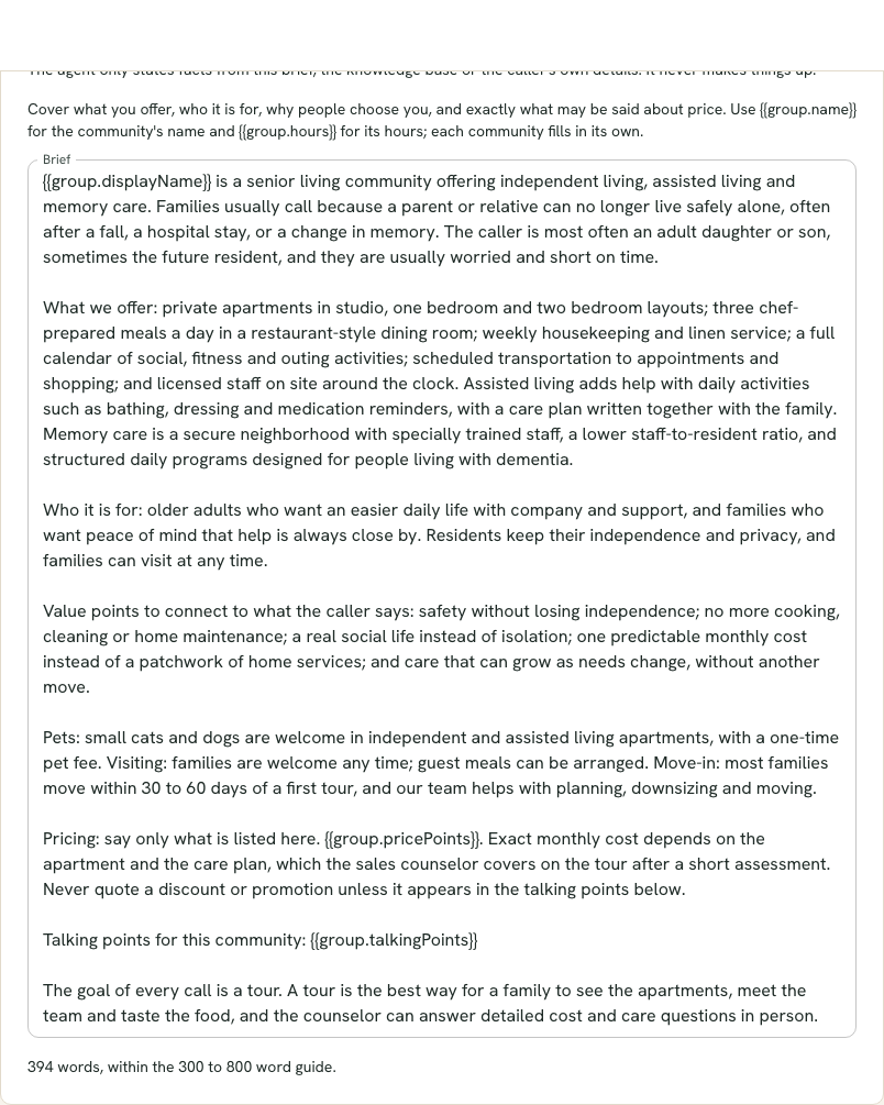 The brief editor with a large text area and a word counter showing the 300 to 800 word target.