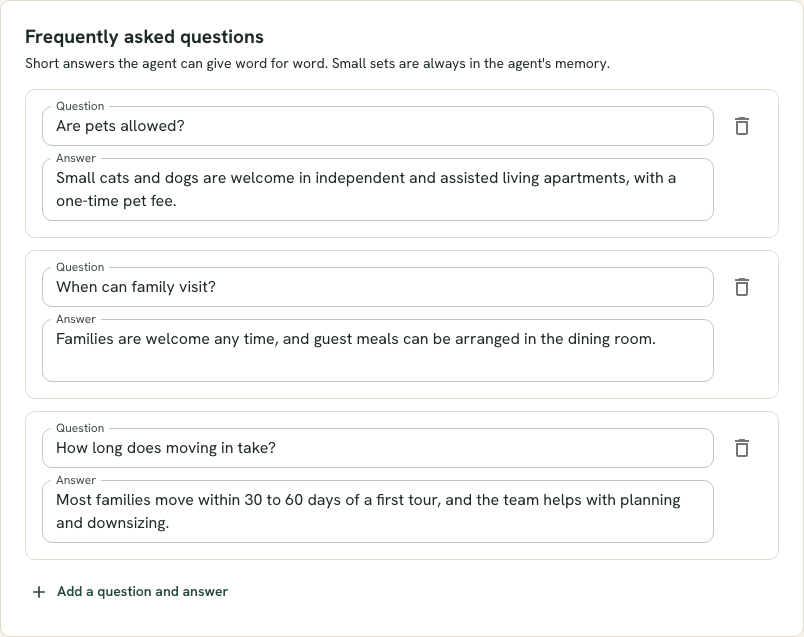 The Frequently asked questions section of a playbook, with question and answer pairs the assistant gives word for word.